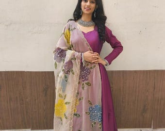 Festive Silk Plum Anarkali with Dupatta, Eid Outfit with Handwork Floral Shawl, Purple Flared Three Piece Kurti, Handpainted Wedding Dress