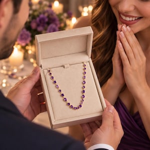 Amethyst Stone Necklace, Purple Gemstone Chain, Wedding Gold Tone Jewelry