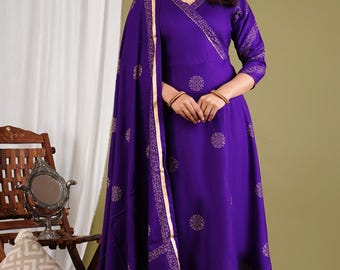 Purple Party Wear Anarkali, Designer Indian Kurta Set, V-Neck Three Piece Flared Salwar Suit, Violet Wedding Kurti for Wedding