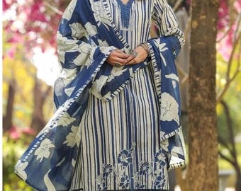 Women's Blue and White Salwar Suit, Jaipuri Cotton 3 Piece Kurti, Floral Laced Kurta Set, Pakistani Striped Everydaywear Outfit