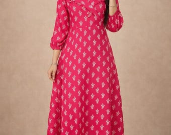 Muslin Silk Two Piece Dress, Collared Floral Printed Outfit, Formal V-Neck Kurti with Puffed Sleeves, Pink Long Kurta Set with Back Tie