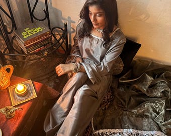 Marble Grey Farshi Salwar Suit, Silk Crepe Outfit with Organza Shawl, Square Neck Kurti with Bell Sleeves, Minimalist Laced Festive Dress