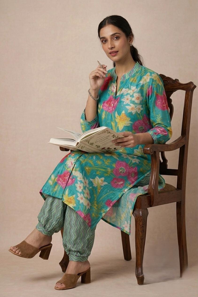 Two Piece Floral Kurta Set, Green Salwar Kameez with Sequin Handwork, Muslin Silk Teal Kurti, Modest Long Top with Afghani Harem Pants