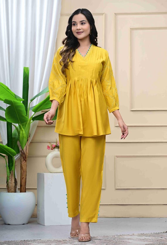 Women Yellow Silk Formal Coord Set, V-Neck Flared Tunic with Pants, Pintex Detailing Embroidered Outfit, Modest Two Piece Dress for Office