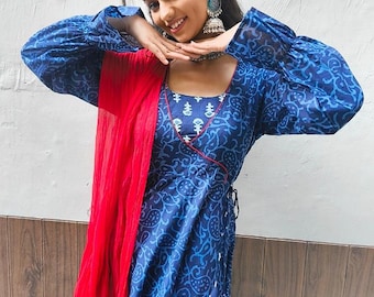 Blue Cotton Anarkali Kurti Set, Three Piece Indigo Salwar Suit, Flared Dress with Frilled Sleeves, Block Print Palazzo with Red Dupatta
