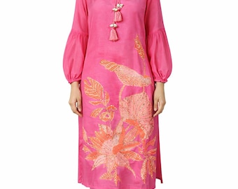 Festive Handwork Kurta Set, Pink and Orange Outfit, Floral Pattern Two Piece Dress, Ready To Wear Salwar Suit