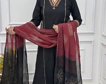 Women Black Cotton Palazzo Suit | V-Neck Tribal Embroidery Kurta Set | Three Piece Designer Kurti with Pockets