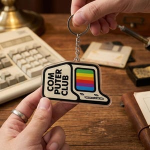 Retro Computer Club Keychain, Vintage 80s PC Keyring, Tech Geek Gift, Rainbow Monitor Charm