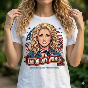 Puede incluir: Camiseta blanca con un gráfico de una mujer con cabello rubio, una chaqueta azul y una bufanda roja, blanca y azul. El texto "LABOR DAY WOMEN" se muestra en una pancarta roja, con el lema "Celebrating Strong Women Workers."