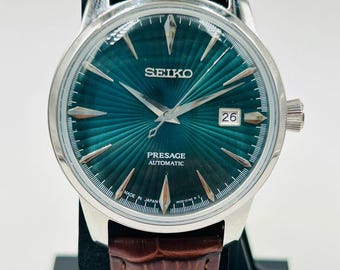 Vintage Green Dial Automatic Watch – With Date Japanese Mechanical Rich Brown Leather Strap