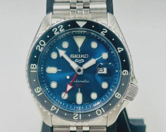 Vintage Mechanical Watches Automatic GMT Blue Dial Stainless Steel Mens Watch