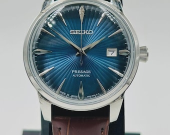 Vintage Mechanical Watches Automatic  Wrist Watch Blue Sunburst Dial Leather Strap Band Mens
