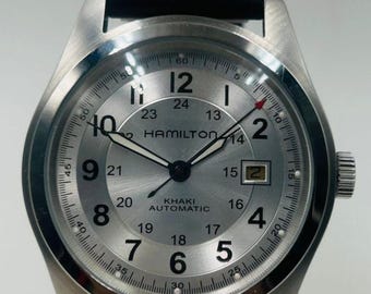 Vintage Mechanical Watches Khaki Automatic Wrist Watch Mens Silver Dial Date Black Leather Strap