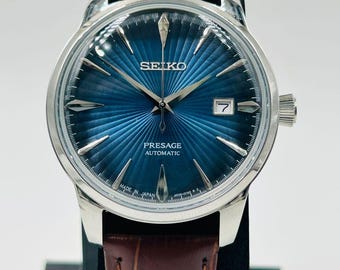 Vintage Blue Dial Automatic Watch – With Date Japanese Mechanical Brown Strap