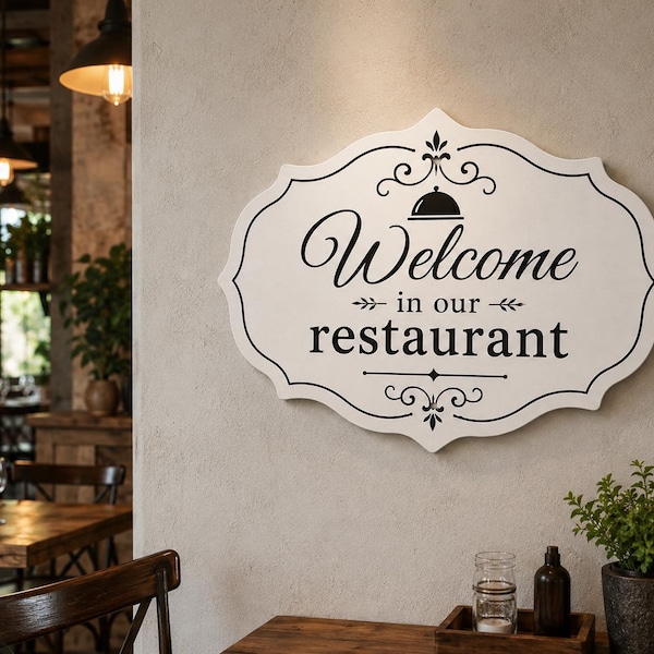 Cartello di benvenuto personalizzato per ristorante | Targa da parete in MDF personalizzata | Dipinta a mano e incisa al laser | Decorazione per ristorante tagliata a CNC | Caffè, pub, bistrot