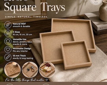 Minimalistische dienbladenset van 3 – Vierkante organizer 20/15/10 cm – 18 mm dik – Moderne woondecoratie, sieraden- en sleutelbakje, snackdienbladset