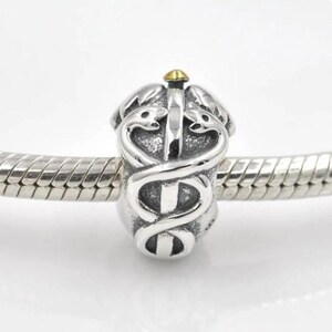Può includere: Un charm in argento con un design del caduceo medico, con due serpenti intrecciati attorno a un bastone, sormontato da un accento dorato. Il charm è su un braccialetto d'argento.