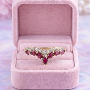 14k Solid Gold Ruby Ring Dainty Stacking Ring Marquise Cut Ruby Band Unique Stackable Ring Half Eternity Ring Gift for Women Moissanite Band