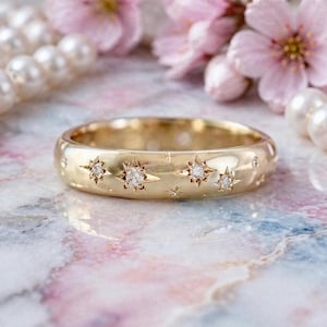 10K Gold Starburst Diamond Ring, Celestial Star Setting, Minimalist Dainty Jewelry