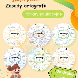 May include: Educational posters in Polish with the text "Zasady ortografii" (Spelling Rules). The posters are in a circular design with colorful illustrations and text, including the words "Do druku PDF". A cartoon girl is reading a book.