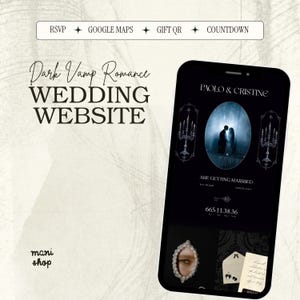 May include: A smartphone displays a wedding website with a dark theme, featuring the text 'Dark Vamp Romance WEDDING WEBSITE', 'PAOLO & CRISTINE', and 'ARE GETTING MARRIED'. The screen shows a couple in an oval frame, candelabras, a key icon, and a countdown timer.