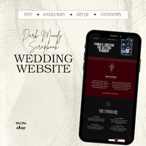 May include: A smartphone displaying a dark-themed wedding website with the text Paolo & Cristine Are Getting Married, featuring a countdown timer, itinerary, and navigation buttons for RSVP, Google Maps, Gift QR, and Countdown on a light background.