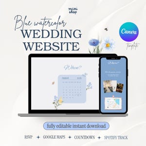 Può includere: Un modello di sito web di matrimonio digitale visualizzato su un laptop e uno smartphone. Il design presenta un tema acquerello blu con accenti floreali e il testo "Blue watercolor WEDDING WEBSITE". Lo smartphone mostra una mappa e foto.