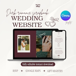 Könnte beinhalten: Eine Hochzeitswebsite-Vorlage, die auf einem Laptop und Smartphone angezeigt wird. Das Design hat ein dunkles Romantik-Scrapbook-Thema mit Bildern einer Braut und Eheringen. Die Canva-Vorlage enthält RSVP, Google Maps und Geschenkregistrierungsoptionen.