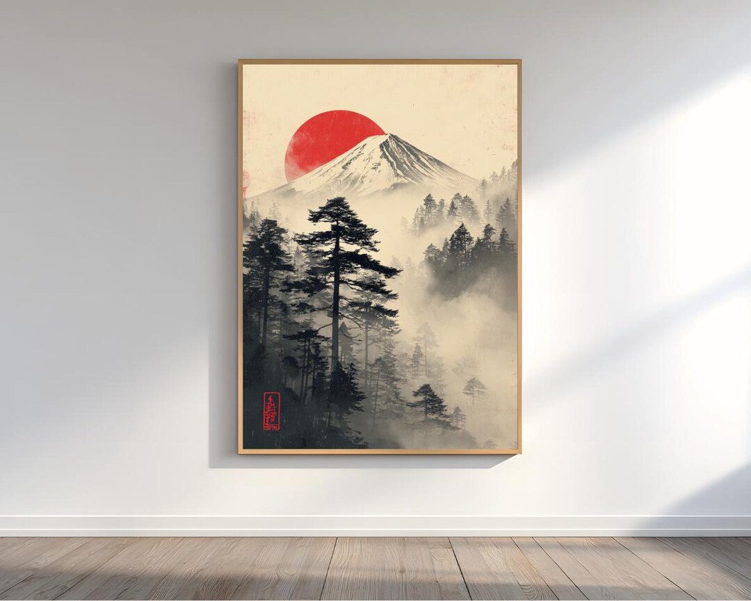 Mount Fuji Poster - Sunset Landscape Art - Forest Print - Vintage ...
