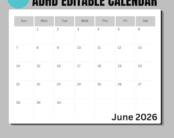Modello di calendario per ADHD – Minimalista, 2026, modificabile con Canva Planner