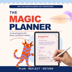 Può includere: Un'agenda digitale intitolata The Magic Planner con il testo Built on cognitive science. Not a mood board. Un grafico di un gatto a strisce arancioni e viola si trova accanto allo schermo di un tablet che mostra un programma settimanale scritto.