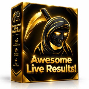 May include: A rectangular product box in black and gold featuring a hooded figure with glowing yellow eyes holding a scythe. The text Awesome Live Results! appears on the front and side, alongside icons for high performance, reliability, and speed.
