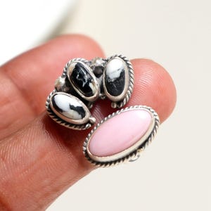 Joyería de uso diario en plata de ley 925 con turquesa búfalo blanca y concha rosa natural.