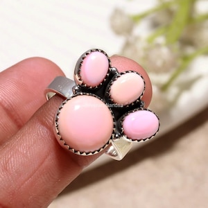 Pink Conch Art Deco Ring, 925 Sterling Silver Natural Gemstone