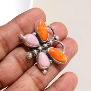 Pink Conch Orange Oyster Turquoise Ring 925 Sterling Silver Gemstone Statement Jewelry