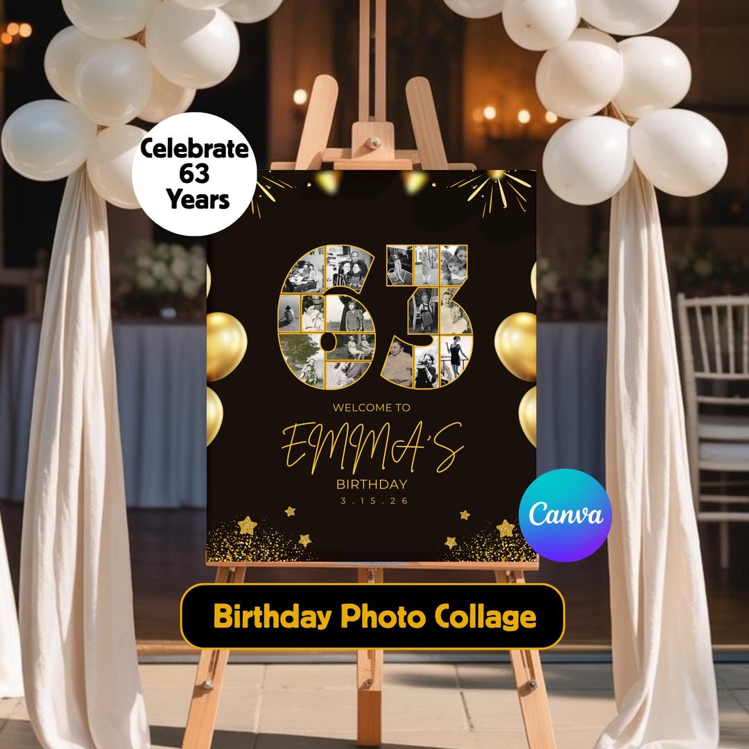 63rd Birthday Photo Collage Template, Number 63 Canva Poster, Editable ...