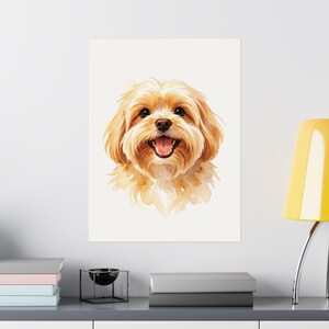 May include: A watercolour-style illustration of a fluffy, light brown dog with a cream-coloured muzzle and chest. The dog has large, dark brown eyes, a black nose, and an open mouth showing a pink tongue, captured in a cheerful, forward-facing pose.