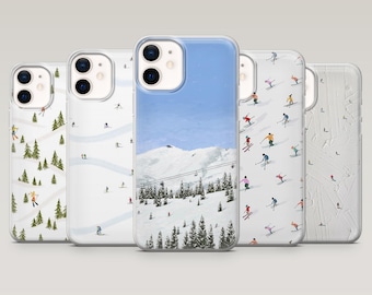 Skiing Phone Case Winter Ski Resort Cover for iPhone 17e, 16, 15, 14, 13, 12, Samsung S25, S24Fe, S23, S22, A16, A26, A56, Pixel 10, 9Pro