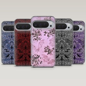 May include: A collection of phone cases with unique designs. The cases feature patterns of bats, floral elements, and ornate designs in various colors, including blue, red, pink, gray, and purple. The cases are designed to fit a specific phone model.