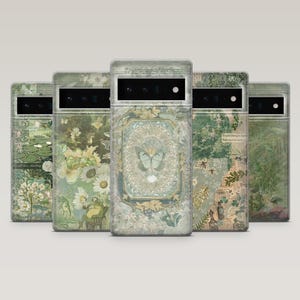 May include: Five smartphone cases featuring various green-toned collage designs. The patterns include botanical illustrations, butterflies, frogs, vintage-style text, and floral motifs. Each case has a rectangular camera cutout at the top.