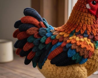 Tutorial de patrón de amigurumi de gallo realista para crochet, juguete de peluche de pollo mabel, descarga en PDF.