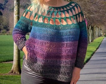 Suéter de crochet estilo boho - Jersey hecho a mano en degradado verde azulado y morado - Jersey con intrincado detalle en el canesú - Estilo boho para festivales