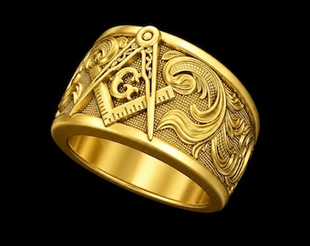 Freemason Signet Ring - Masonic Symbol Square and Compass Gold Plated Lodge Ring Gift Her