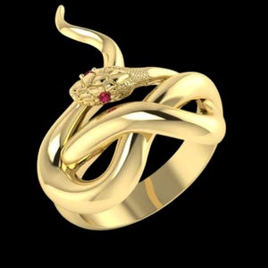 May include: A gold snake ring with a coiled design. The snake's head features small textures and red gemstone eyes. The ring is set against a black background.