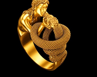Woman Snake Ring – Sterling Silver Serpent Lover Statement Ring Gold Pleated Jewelry Gift Her