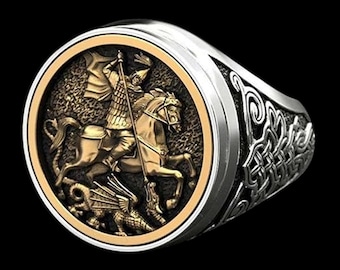 Anillo de San Jorge Matadragones - Anillo de sello de caballero de plata de ley con baño de oro de 14 quilates
