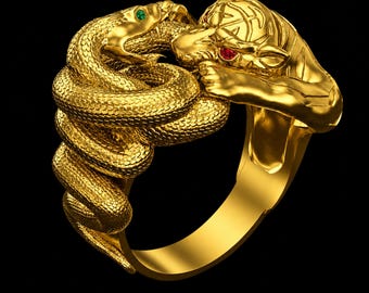 Snake Tiger Fight Ring – Sterling Silver Animal Statement 14K Gold Plated Jewelry Gift Her