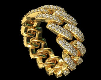 Anello da uomo a catena cubana - Argento sterling placcato oro con pietre incastonate, gioiello di tendenza, regalo per lei