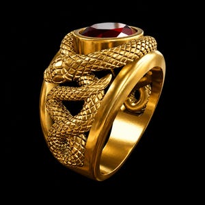 Puede incluir: Un anillo dorado con un diseño de serpiente enroscada. El anillo tiene una gema roja grande y ovalada en el centro. Las escamas de la serpiente están detalladas y el anillo tiene un acabado pulido sobre un fondo negro.