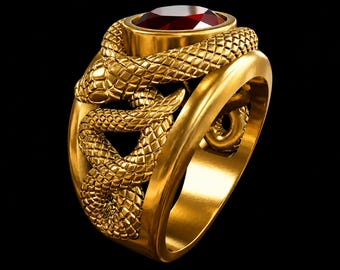 Anello a doppio serpente - Placcato oro con gemma rossa, anello gotico di tendenza, regalo per lui